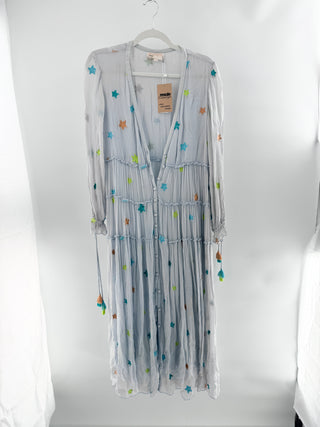 Rococo Sand Embroidered Colorful Star Long Sleeve Boho Maxi Dress Light Blue S