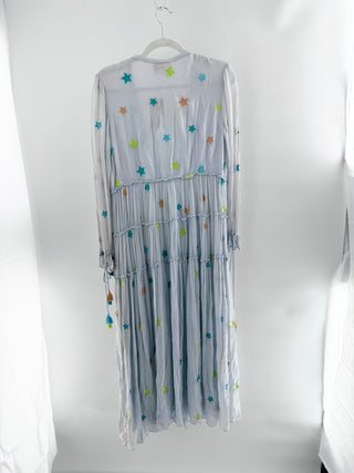 Rococo Sand Embroidered Colorful Star Long Sleeve Boho Maxi Dress Light Blue S