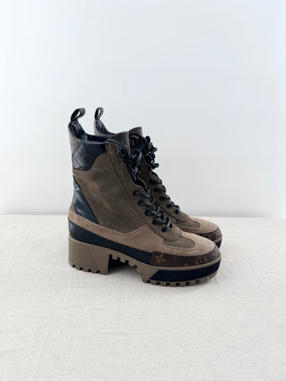 Louis Vuitton Suede Calfskin Monogram Laureate Platform Desert Boots Taupe EU 38