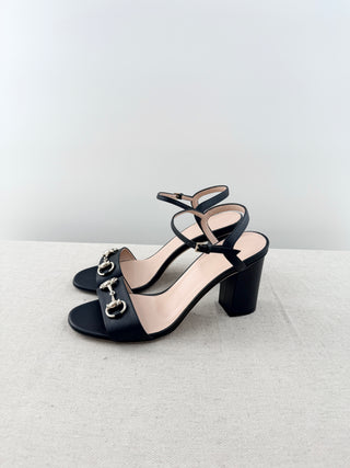 Gucci leather horse bit block heel sandals, 38.5