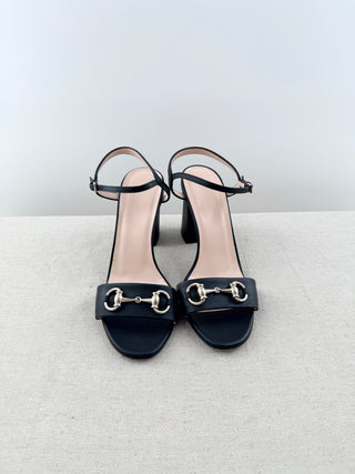 Gucci leather horse bit block heel sandals, 38.5