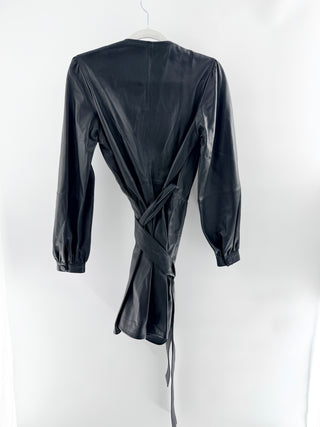 Maje Leather Long Sleeve Surplice V-Neck Wrap Mini Dress Black Women's 2 / M
