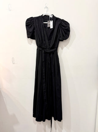 NWT Arias 100% Cotton Gathered Shoulder V-Neck Maxi Dress Black Women's Size 8