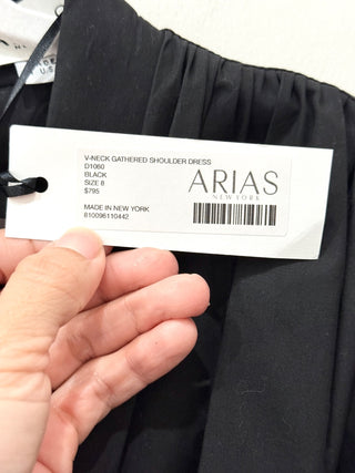 NWT Arias 100% Cotton Gathered Shoulder V-Neck Maxi Dress Black Women's Size 8