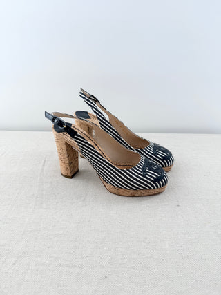 Chanel Stripe Canvas CC Logo Cork Sling Back Sandals Black White Women's EU 36