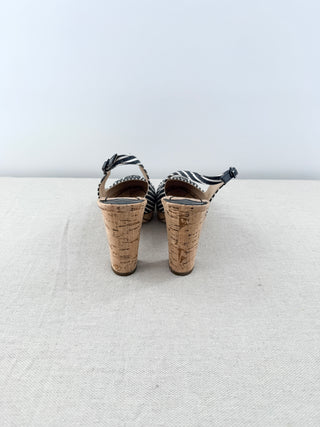 Chanel Stripe Canvas CC Logo Cork Sling Back Sandals Black White Women's EU 36