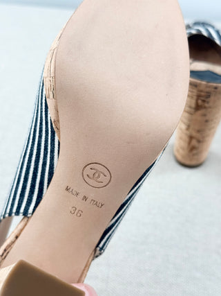 Chanel Stripe Canvas CC Logo Cork Sling Back Sandals Black White Women's EU 36