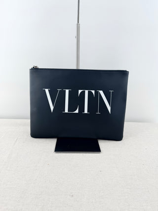 Valentino leather logo printed  zip up pouch bag large