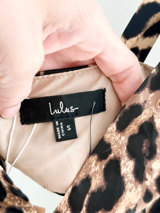 NWT Lulus Unmatched Elegance Leopard Satin Sleeveless Midi Dress Tan Women Small