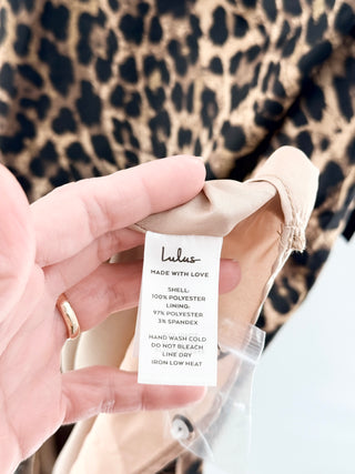 NWT Lulus Unmatched Elegance Leopard Satin Sleeveless Midi Dress Tan Women Small
