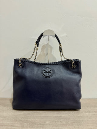 Tory Burch Navy Blue Large Leather Chain Strap Tote Handbag