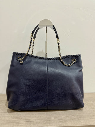 Tory Burch Navy Blue Large Leather Chain Strap Tote Handbag