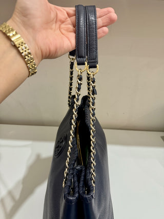 Tory Burch Navy Blue Large Leather Chain Strap Tote Handbag