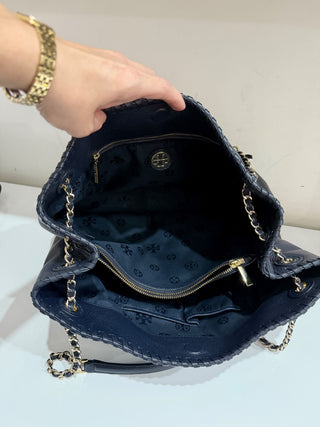 Tory Burch Navy Blue Large Leather Chain Strap Tote Handbag