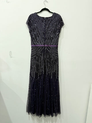 Adrianna Papell Cap Sleeve V-Neck Beaded Maxi Gown Violet/Silver UK 18 / US 14