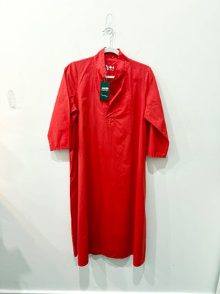 Labo Art 100% Cotton Half Sleeve V-Neck Shift Midi Dress Red Women's One size