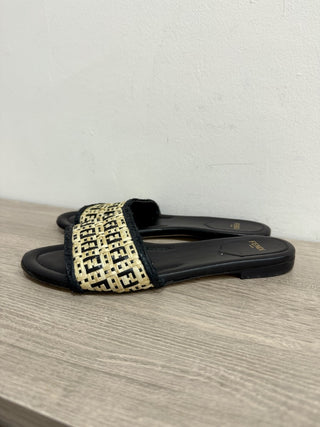 Fendi Raffia FF Logo Slip On Flat Slide Sandals Natural Black Women's Size 38
