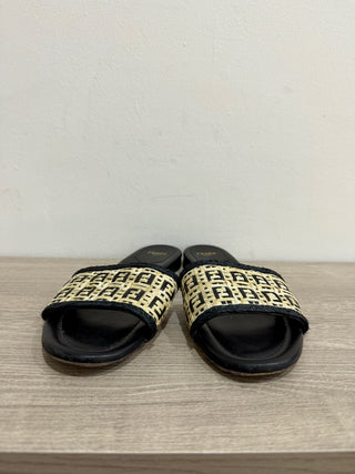 Fendi Raffia FF Logo Slip On Flat Slide Sandals Natural Black Women's Size 38