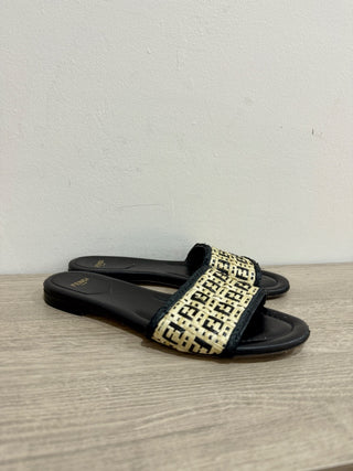 Fendi Raffia FF Logo Slip On Flat Slide Sandals Natural Black Women's Size 38