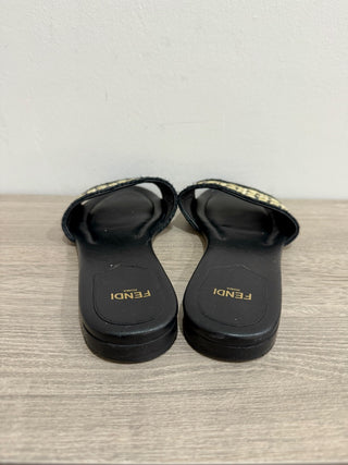 Fendi Raffia FF Logo Slip On Flat Slide Sandals Natural Black Women's Size 38