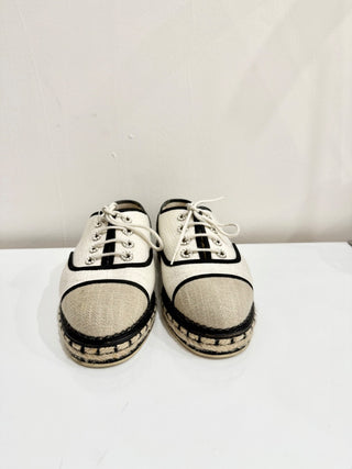 Chanel Cotton Lace Up Casual Espadrilles Light Beige Women's Size 37 / US 7