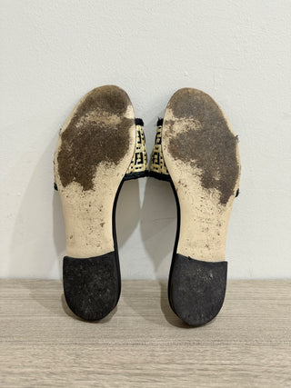 Fendi Raffia FF Logo Slip On Flat Slide Sandals Natural Black Women's Size 38