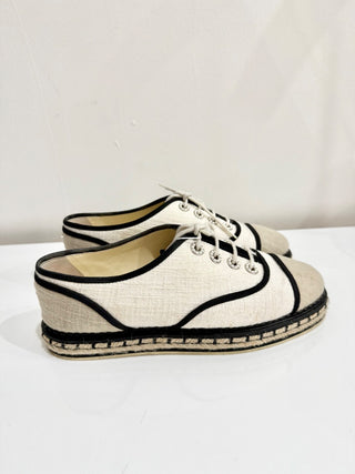Chanel Cotton Lace Up Casual Espadrilles Light Beige Women's Size 37 / US 7