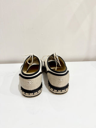Chanel Cotton Lace Up Casual Espadrilles Light Beige Women's Size 37 / US 7