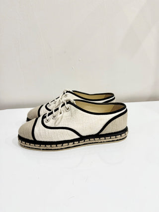 Chanel Cotton Lace Up Casual Espadrilles Light Beige Women's Size 37 / US 7