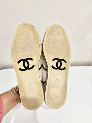 Chanel Cotton Lace Up Casual Espadrilles Light Beige Women's Size 37 / US 7