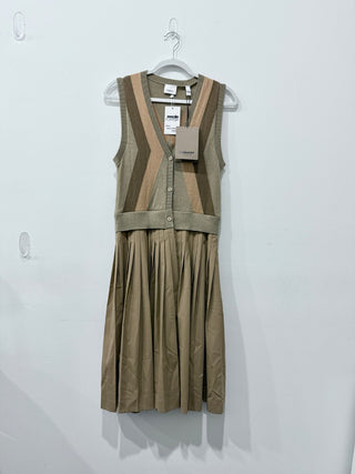 NWT Burberry 100% Wool Sleveless V-Neck Pleated A-Line Midi Dress Light Brown S