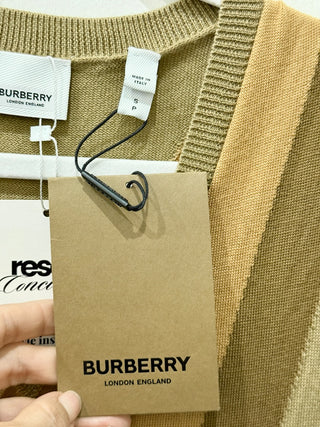 NWT Burberry 100% Wool Sleveless V-Neck Pleated A-Line Midi Dress Light Brown S