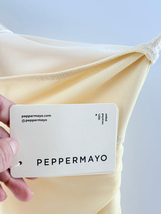 NWT Peppermayo Into Pieces Strapless Cutout Mesh Maxi Dress Lemon Womens US 8