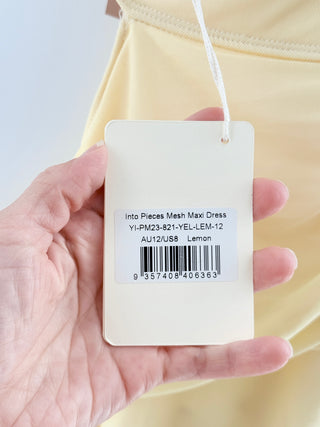 NWT Peppermayo Into Pieces Strapless Cutout Mesh Maxi Dress Lemon Womens US 8