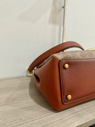 Coach Signature Coated Canvas May Small Flap Shoulder Handbag Tan Rust