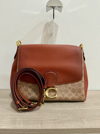 Coach Signature Coated Canvas May Small Flap Shoulder Handbag Tan Rust