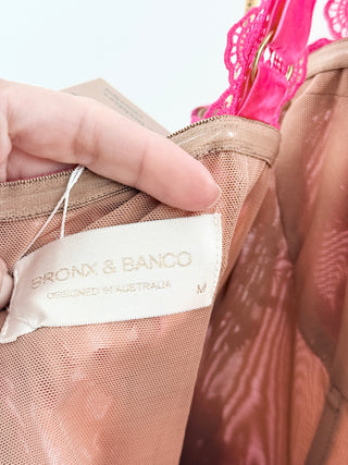Bronx & Banco Eva Embroidered Floral Mesh Bodycon Midi Dress Fuchsia Pink M