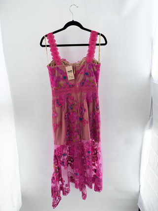 Bronx & Banco Eva Embroidered Floral Mesh Bodycon Midi Dress Fuchsia Pink M