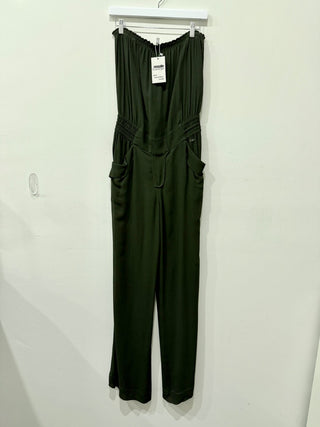 Escada Strapless Smocked Waist Wide Leg Jumpsuit Sepie Green Womens 36 GR / 6 US