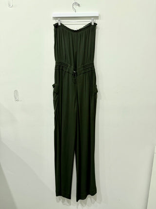 Escada Strapless Smocked Waist Wide Leg Jumpsuit Sepie Green Womens 36 GR / 6 US