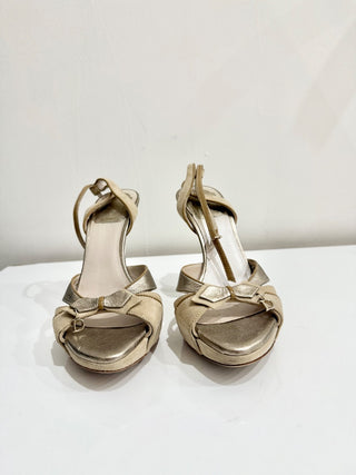 Dior Leather Bow Ankle Strap Platform Sandals Nude Gold Metallic Women's Size 36