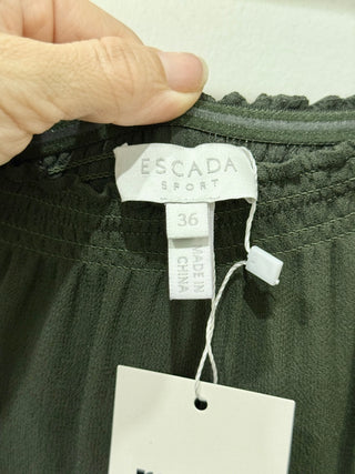 Escada Strapless Smocked Waist Wide Leg Jumpsuit Sepie Green Womens 36 GR / 6 US