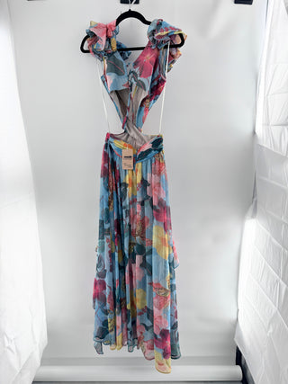 PatBO Hibiscus Floral Flutter Sleeve Ruffle Maxi Dress Celeste Women's Size 0
