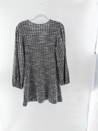 Max Studio Embellished Puff Sleeve Quarter Tweed Shift Mini Dress White Black L