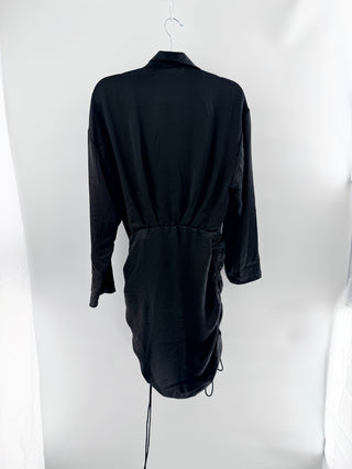 NWT Zara Satin Long Sleeve Ruched Side Mini Shirt Dress Black Women's Medium