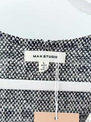 Max Studio Embellished Puff Sleeve Quarter Tweed Shift Mini Dress White Black L