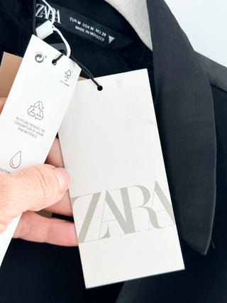 NWT Zara Satin Long Sleeve Ruched Side Mini Shirt Dress Black Women's Medium