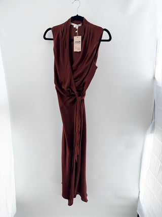 Veronica Beard Sleeveless Pleated Satin Wrap Midi Dress Brown Women's Size 4