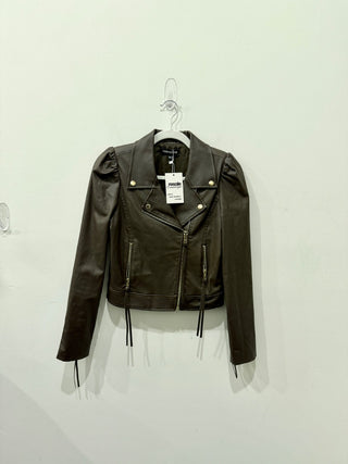 Retrofete puff sleeve moto faux leather jacket, XS