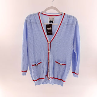 Edward Achour Paris Long Sleeve V-Neck Knit Cardigan Sweater Blue Red Womens 36